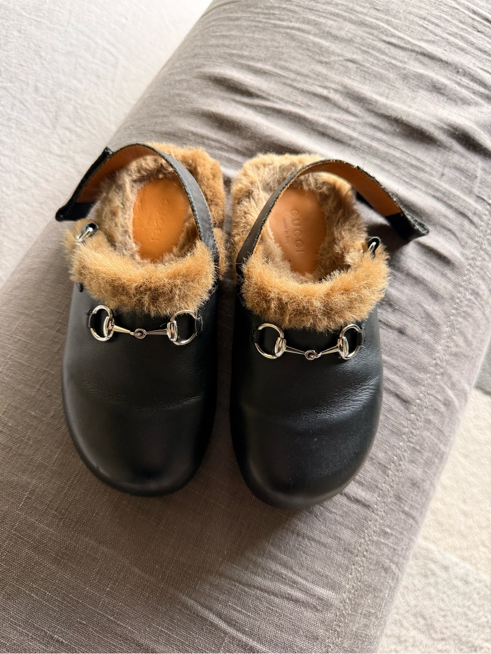 Kid Gucci Black Fur-Lined Kids Slip-On Shoes with Horsebit Accent